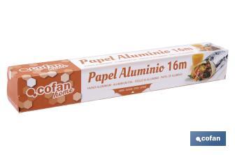 Papel de alumínio para uso doméstico | Medida 16, 30 ou 50 m | Largura 30 cm | Caixa com serra de corte | Antiaderente - Cofan