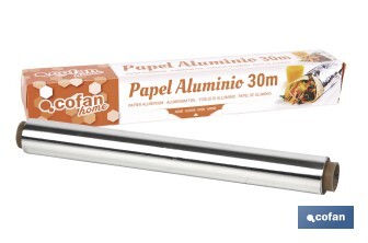 Papel de alumínio para uso doméstico | Medida 16, 30 ou 50 m | Largura 30 cm | Caixa com serra de corte | Antiaderente - Cofan