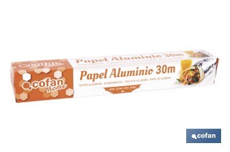 Papel de alumínio para uso doméstico | Medida 16, 30 ou 50 m | Largura 30 cm | Caixa com serra de corte | Antiaderente - Cofan