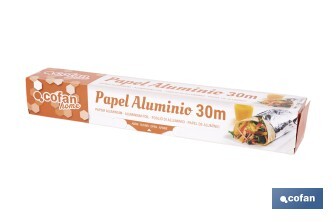 Papel de alumínio para uso doméstico | Medida 16, 30 ou 50 m | Largura 30 cm | Caixa com serra de corte | Antiaderente - Cofan