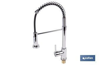 Grifo de cocina monomando con rociador | Caño giratorio 360° | Cuerpo de latón | Medidas: ø5 x 48 x 22 cm | Disponible en acabado cromado - Cofan