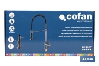 Grifo de cocina monomando con rociador | Caño giratorio 360° | Cuerpo de latón | Medidas: ø5 x 48 x 22 cm | Disponible en gris antracita metalizado - Cofan