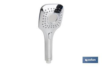 Chrome-plated hand-held shower head | Pushbutton with 3 spray modes | Size: 26 x 11cm - Cofan