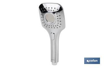 Chrome-plated hand-held shower head | Pushbutton with 3 spray modes | Size: 26 x 11cm - Cofan