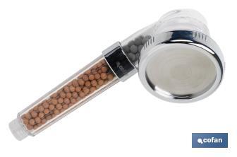 Ionic shower head with red and grey mineral stones | 3 spray settings: rainfall, jetting, massage | Stainless steel and ABS - Cofan