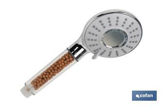 Ionic shower head with red and grey mineral stones | 3 spray settings: rainfall, jetting, massage | Stainless steel and ABS - Cofan