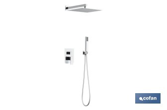 Conjunto de ducha empotrada con diseño cuadrado y acabado cromado | Ducha monomando 2 vías | Instalación en la pared | Rociador con 2 funciones - Cofan