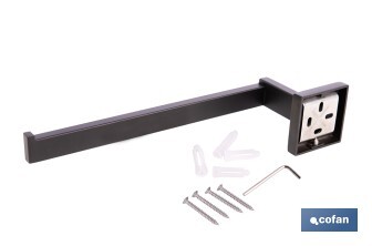 Toallero de baño negro mate | Material: acero inoxidable | Diseño cuadrado | Kit de fijación incluido | Medidas: 27 x 8 x 5,5 cm - Cofan