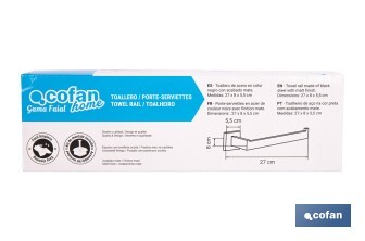 Toallero de baño negro mate | Material: acero inoxidable | Diseño cuadrado | Kit de fijación incluido | Medidas: 27 x 8 x 5,5 cm - Cofan