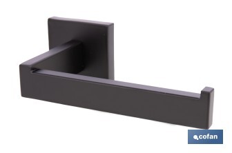 Portarrollos negro mate | Material: acero inoxidable | Diseño cuadrado | Kit de fijación incluido | Medidas: 16 x 8 x 5,5 cm - Cofan