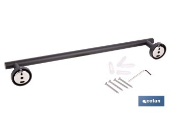 Toallero negro mate | Material: acero inoxidable | Diseño redondo | Kit de fijación incluido | Medidas: 45 x 8 x 5 cm - Cofan
