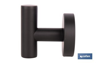 Percha negra mate | Material: acero inoxidable | Diseño redondo | Kit de fijación incluido | Medidas: 5 x 5 x 6 cm - Cofan