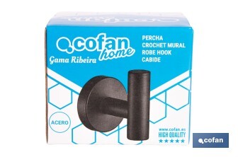 Percha negra mate | Material: acero inoxidable | Diseño redondo | Kit de fijación incluido | Medidas: 5 x 5 x 6 cm - Cofan
