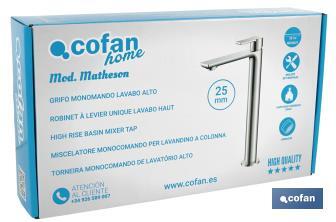 High Rise Mixer Tap | Single-Handle Tap | Size: 25mm | Matheson Model | Brass with Chrome-Plated Finish - Cofan