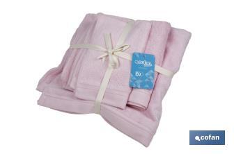 Conjunto de 3 toalhas de cor rosa claro com 580 g/m2 | Gama Flor | Conjunto de toalhas 100% algodão - Cofan