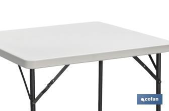 Table pliante carrée de couleur blanche | Poids maximal : 120 kg | Appropriée pour 6 personnes | Dimensions ouverte : 88 x 88 x 74 cm  - Cofan