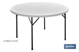 Mesa redonda dobrável de cor branca | Peso máximo: 150 kg | Adequada para 8 pessoas | Dimensões: Ø120 x 74 cm  - Cofan