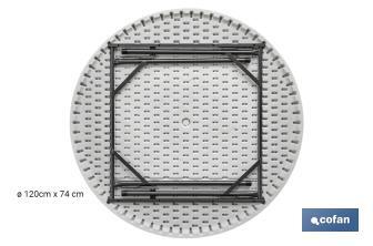 Mesa redonda dobrável de cor branca | Peso máximo: 150 kg | Adequada para 8 pessoas | Dimensões: Ø120 x 74 cm  - Cofan
