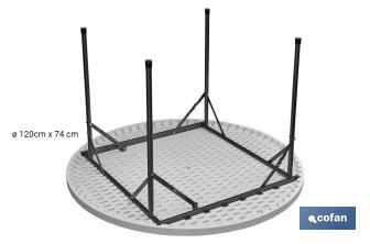 Mesa redonda dobrável de cor branca | Peso máximo: 150 kg | Adequada para 8 pessoas | Dimensões: Ø120 x 74 cm  - Cofan