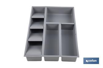 Organizador de cubiertos con separadores para cajón | Cubertero con 8 compartimentos y separadores modulares | Color: gris | Material: polipropileno - Cofan
