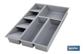 Organizador de cubiertos con separadores para cajón | Cubertero con 8 compartimentos y separadores modulares | Color: gris | Material: polipropileno - Cofan
