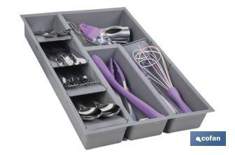 Organizador de cubiertos con separadores para cajón | Cubertero con 8 compartimentos y separadores modulares | Color: gris | Material: polipropileno - Cofan
