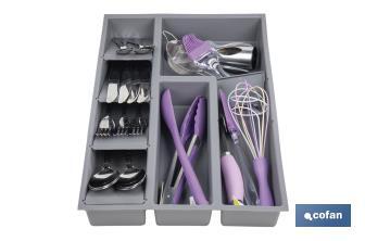 Organizador de cubiertos con separadores para cajón | Cubertero con 8 compartimentos y separadores modulares | Color: gris | Material: polipropileno - Cofan