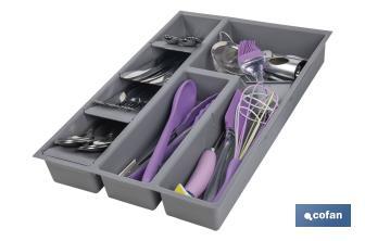 Organizador de cubiertos con separadores para cajón | Cubertero con 8 compartimentos y separadores modulares | Color: gris | Material: polipropileno - Cofan
