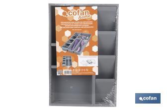 Organizador de cubiertos con separadores para cajón | Cubertero con 8 compartimentos y separadores modulares | Color: gris | Material: polipropileno - Cofan