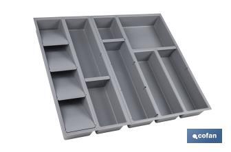 Organizador de cubiertos con separadores para cajón | Cubertero con 11 compartimentos y separadores modulares | Color: gris | Material: polipropileno - Cofan