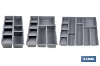 Organizador de cubiertos con separadores para cajón | Cubertero con 11 compartimentos y separadores modulares | Color: gris | Material: polipropileno - Cofan