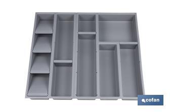 Organizador de cubiertos con separadores para cajón | Cubertero con 11 compartimentos y separadores modulares | Color: gris | Material: polipropileno - Cofan