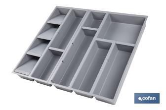 Organizador de cubiertos con separadores para cajón | Cubertero con 11 compartimentos y separadores modulares | Color: gris | Material: polipropileno - Cofan
