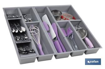 Organizador de cubiertos con separadores para cajón | Cubertero con 11 compartimentos y separadores modulares | Color: gris | Material: polipropileno - Cofan