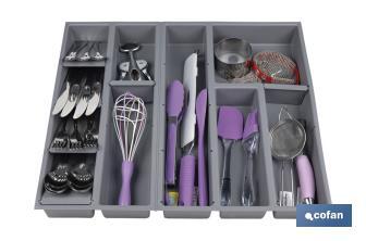Organizador de cubiertos con separadores para cajón | Cubertero con 11 compartimentos y separadores modulares | Color: gris | Material: polipropileno - Cofan