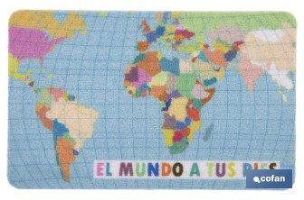 Felpudo entrada "El mundo a tus pies" | Adecuado para interior y exterior | Material resistente | Base antideslizante | Diseño con mapamundi | Medidas: 40 x 60 cm - Cofan