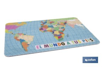 Felpudo entrada "El mundo a tus pies" | Adecuado para interior y exterior | Material resistente | Base antideslizante | Diseño con mapamundi | Medidas: 40 x 60 cm - Cofan