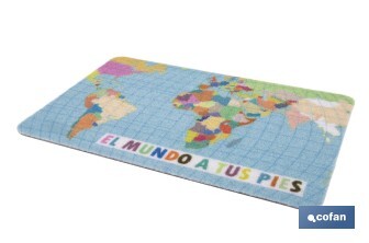 Felpudo entrada "El mundo a tus pies" | Adecuado para interior y exterior | Material resistente | Base antideslizante | Diseño con mapamundi | Medidas: 40 x 60 cm - Cofan