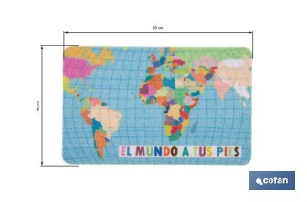 Felpudo entrada "El mundo a tus pies" | Adecuado para interior y exterior | Material resistente | Base antideslizante | Diseño con mapamundi | Medidas: 40 x 60 cm - Cofan