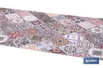 Rollo de alfombra vinílica semirrígida de impresión digital: Azulejos geométricos de colores | Resistente para suelos interiores y exteriores cubiertos - Cofan