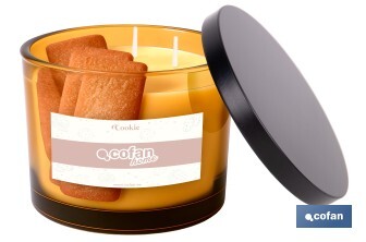 Vela aromática Cookie de 3 mechas | Cera de soja | Aroma a canela napolitana | Vaso de vidrio ámbar decorativo | Duración de combustión: 35 horas - Cofan
