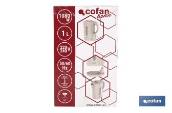 Hervidor eléctrico de agua beige | Capacidad: 1 Litro | Potencia: 1080 W | Hervidor compacto con controlador Strix | Ideal para cocinas y oficinas - Cofan