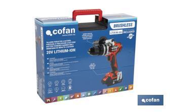Taladro percutor y atornillador sin escobillas | 2 velocidades | Incluye maletín con batería Li-Ion de 20 voltios y 2.0 Ah + cargador - Cofan