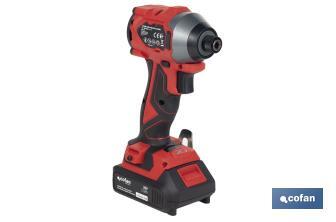 Atornillador percutor de impacto sin escobillas | Para puntas 1/4" Hex | Control de velocidad variable | Maletín, batería Li-ion de 20V y 2,0 Ah y cargador incluido - Cofan