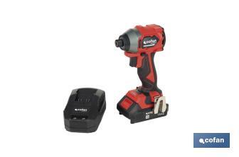 Atornillador percutor de impacto sin escobillas | Para puntas 1/4" Hex | Control de velocidad variable | Maletín, batería Li-ion de 20V y 2,0 Ah y cargador incluido - Cofan
