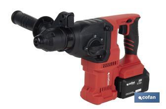 Martillo perforador SDS Plus sin escobillas multifunción | Taladra, percute y cincela | Incluye: maletín con accesorios, portabrocas automático con adaptador SDS PLUS, batería Li-Ion de 20 V y cargador - Cofan