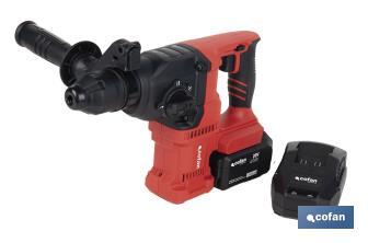Martillo perforador SDS Plus sin escobillas multifunción | Taladra, percute y cincela | Incluye: maletín con accesorios, portabrocas automático con adaptador SDS PLUS, batería Li-Ion de 20 V y cargador - Cofan