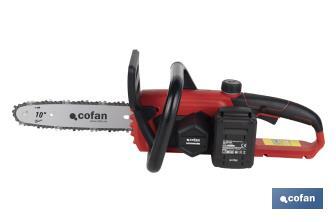 Kit de motosierra a batería con dos baterías de litio 20 V 4.0 Ah | Motosierra sin escobillas | Espada de 10" | Eficiencia y precisión en cortes de madera - Cofan
