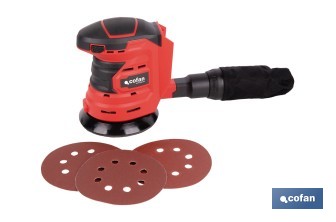 Lijadora orbital a batería | Velocidad de 10.000 rpm | Almohadilla de Ø125 mm con sistema de fijación por velcro | Disponible con y sin batería y cargador - Cofan