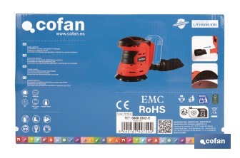 Lijadora orbital a batería | Velocidad de 10.000 rpm | Almohadilla de Ø125 mm con sistema de fijación por velcro | Disponible con y sin batería y cargador - Cofan